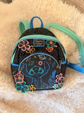 Loungefly Black Sequin Stitch Mini Backpack with Mint and Blue Accents